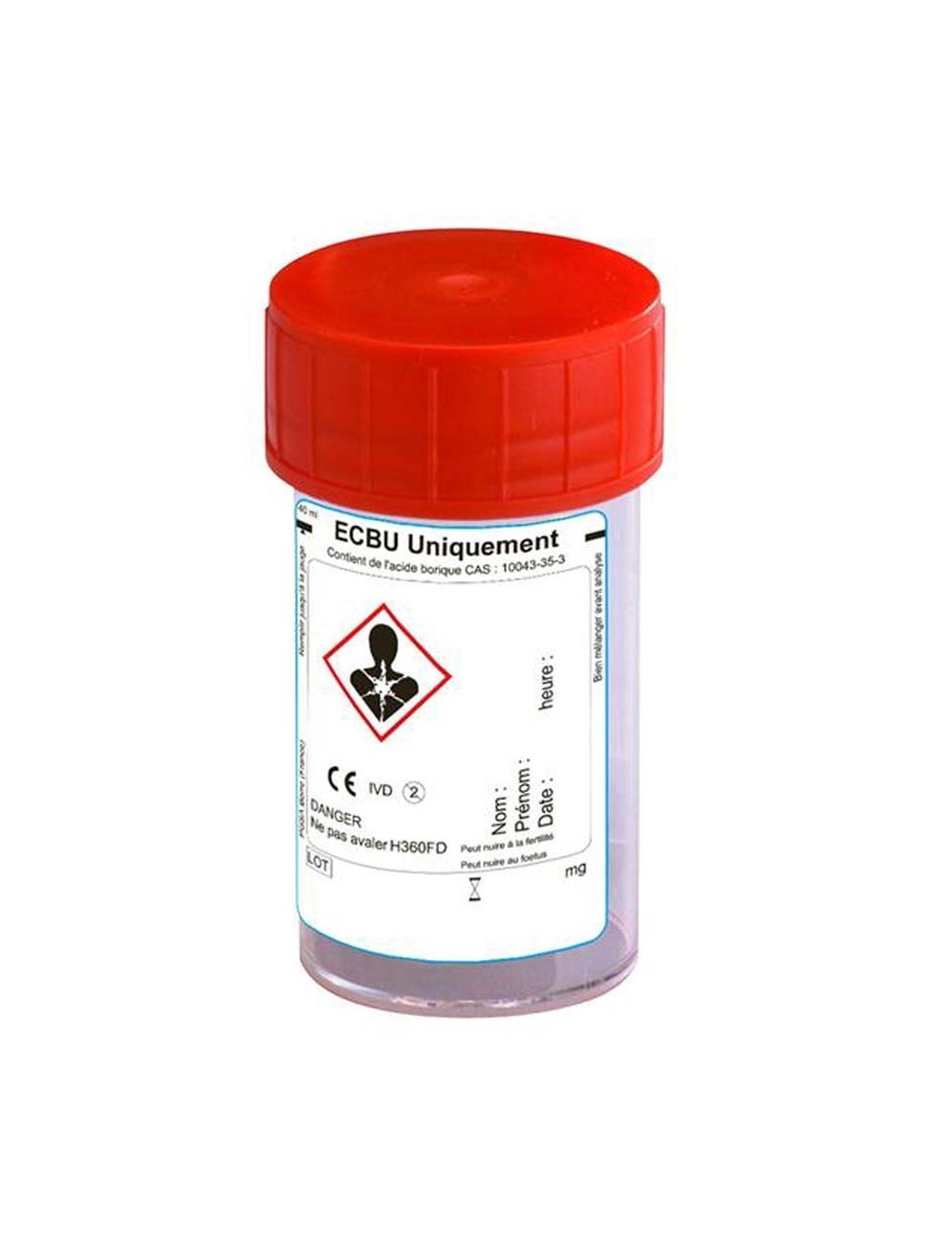 FLACON  60 ML ACIDE BORIQUE ECBU CAPE A VIS ROUGE  (X 600) *DISCONTINUE*