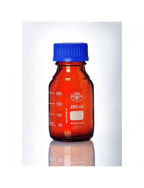 FLACON ISO VERRE BRUN GL45 CAP/BAGUE BLEUE 250ML