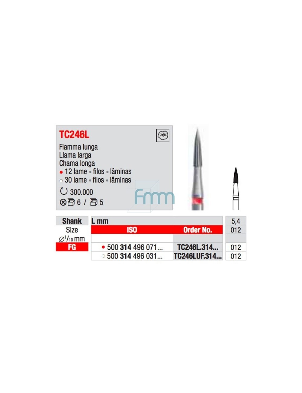 FRAISES TURBINE CARB.TUNGST. FLAMME ISO 012 TC246L TYPE E0517, LES 5 FRAISES