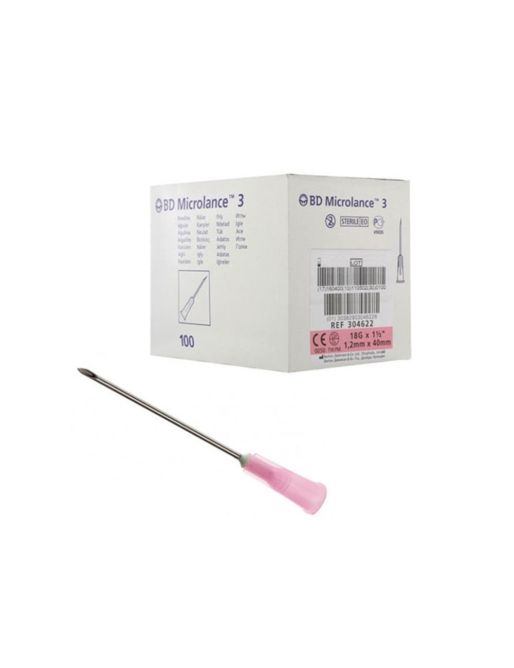 AIGUILLE HYPODERMIQUE BD MICROLANCE™ 18G1 1/2 40 MM 125/100 ROSE (X 100)