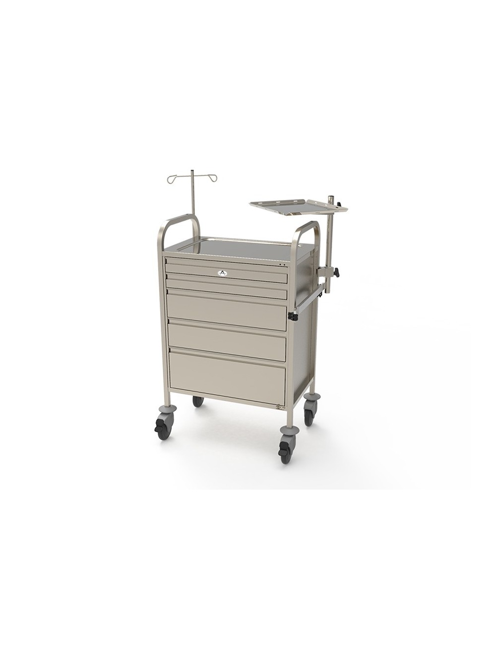 CHARIOT URGENCE INOX AVEC TABLETTE PORTE DEFIBRILLATEUR ET RAIL