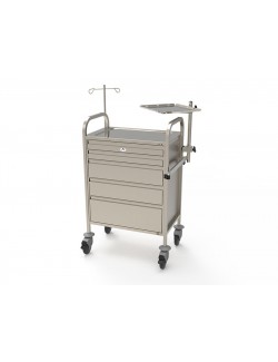 CHARIOT URGENCE INOX AVEC TABLETTE PORTE DEFIBRILLATEUR ET RAIL