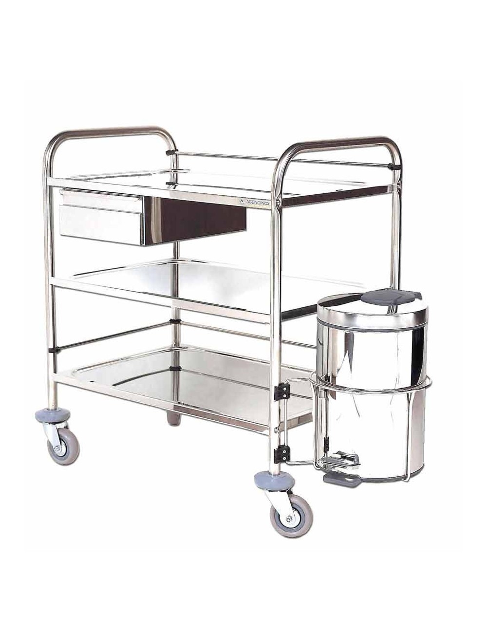 CHARIOT PANSEMENT3 PLATEAUX  INOX AVEC POUBELLE (15L) 75 X 50 CM